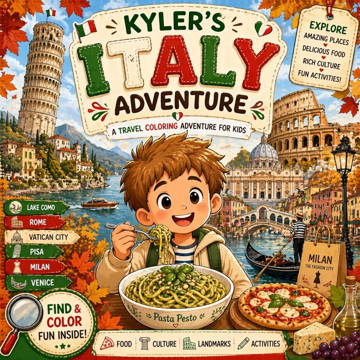 Carte Educativa de Colorat Pentru Copii, Aventurile lui Kyler, Italia, 10 Pagini cu Activitati in Limba Engleza, Spirala Metalica, 21 x 21 cm
