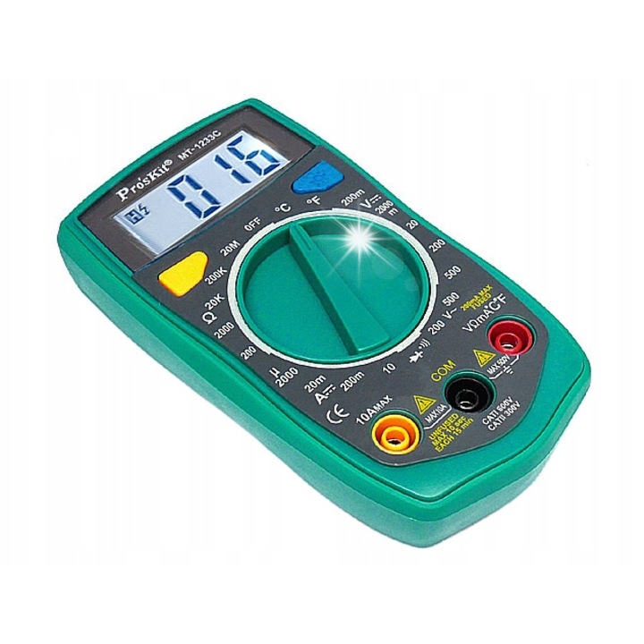 Pro'sKit MT-1233C multiméter, U/I/R/hőmérséklet mérés, 130x72x28mm, 134g