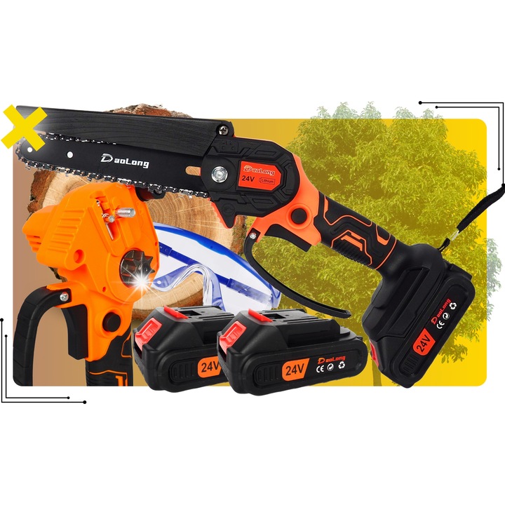 Fierastrau cu lant electric mini 6", DaoLong, 1000W, 2 acumulatori, 2 lanturi, negru-portocaliu