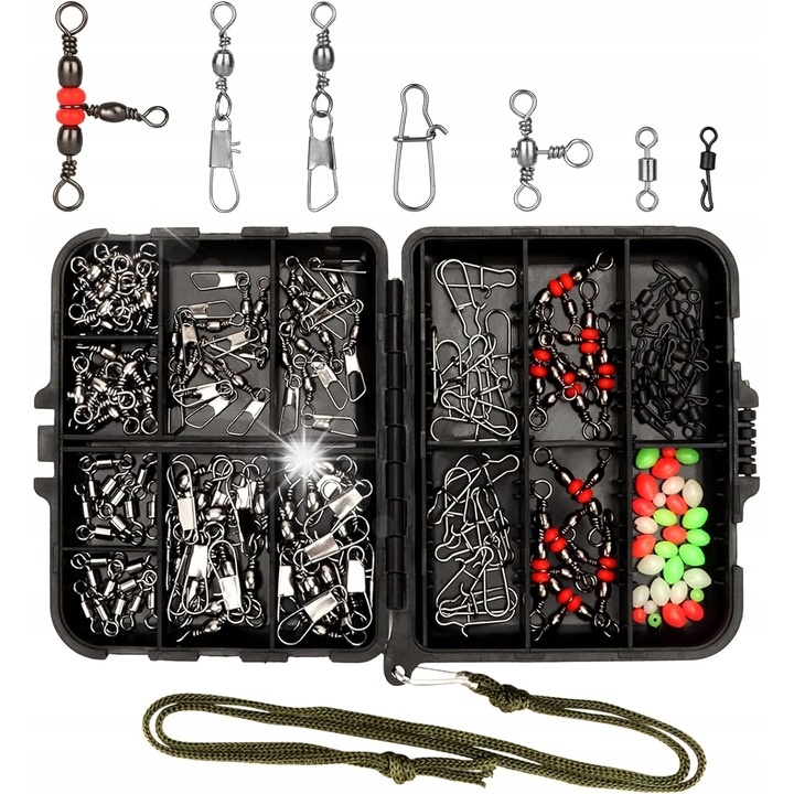 Set 160 piese accesorii pescuit, kretliki, carabiniere, cutie 11,5x9,5x3cm, multicolor