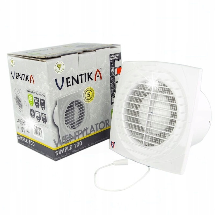 Ventilator de evacuare Ventika SIMPLE 100, 95m3/h, montaj perete/sufit, plastic, 14W, cu intrerupator snur