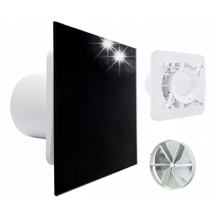 Ventilator de baie VENTS KO 100, 100 mm, alb, cu higrostat si timer, set cu panou din sticla neagra