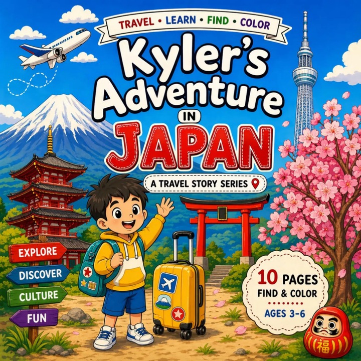 Carte Educativa de Colorat Pentru Copii, Aventurile lui Kyler, Japonia, 10 Pagini cu Activitati in Limba Engleza, Spirala Metalica, 21 x 21 cm