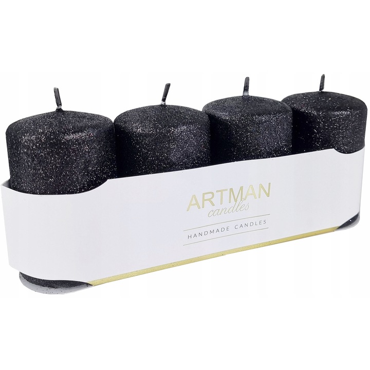 Комплект 4 свещи Artman, 6x9см, черни, с брокат