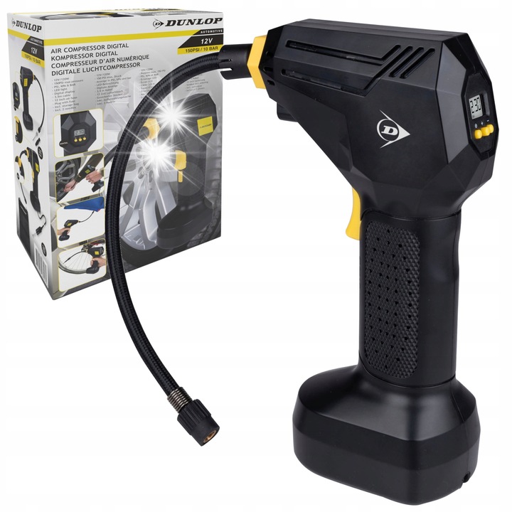Компресор за кола преносим Dunlop 12V, 150 PSI, 15см, черен