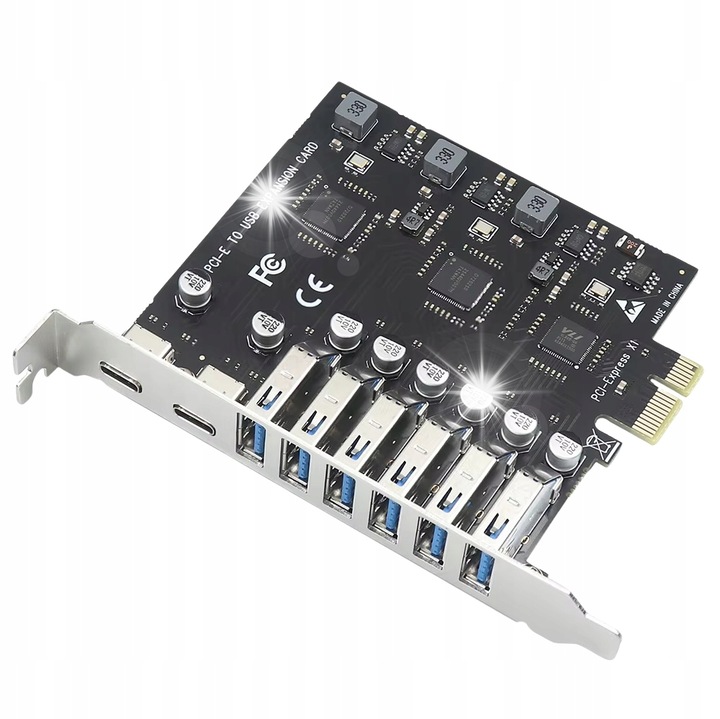 Контролер PCI-E x1 с 6x USB 3.2 и 2x USB-C, 5 Gb/s, широка съвместимост