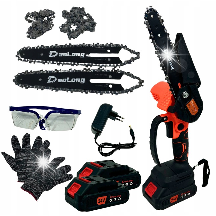 Fierastraie cu lant DaoLong 6", set 2x acumulator 24V, 5x lant, 3x ghidaj, negru-portocalie