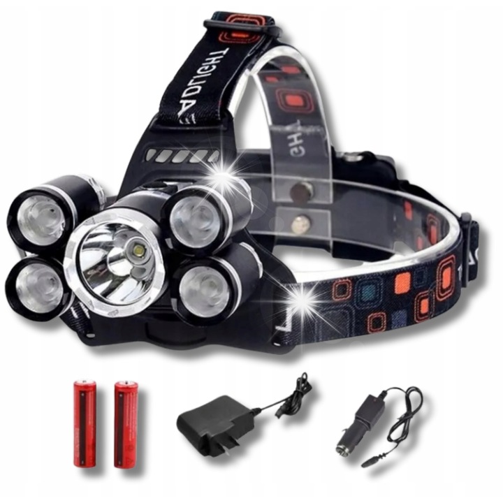 LED челник 5x, водоустойчив, с 2 батерии 18650, 17,5x9x9см, пълен комплект