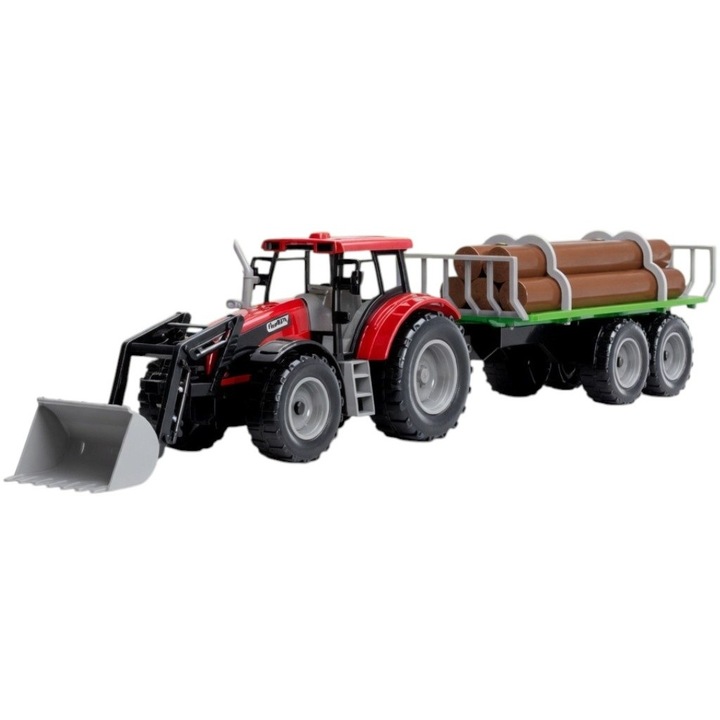 Tractor Forestier Cu Incarcator Frontal Si Remorca Pentru Busteni, Jucarie Agricola Cu Frictiune Si Lama Functionala, Tractor Ferma Cu Remorca Transport Lemne Si Design Realist, Vehicul Mare, Pentru Copii 3+ Ani, Rosu