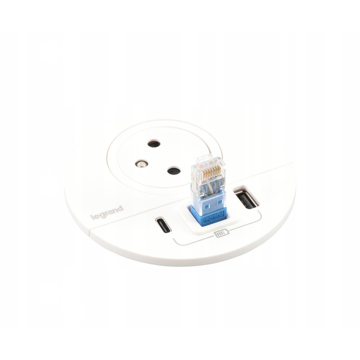 Контакт Legrand, бял, 1 изход, 2 USB, кръгла форма