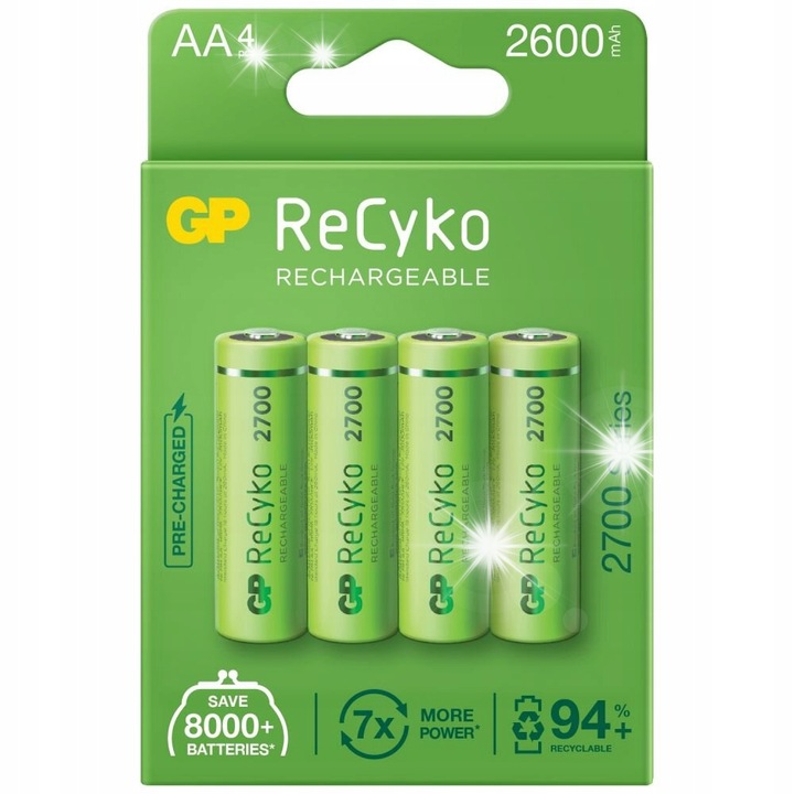 Set 4 acumulatori AA R6 NiMH GP ReCyko 2600mAh, 1,2V, ecologici, reciclabili