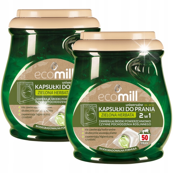 Detergent rufe Ecomill set 2x50 capsule, cu extract de ceai verde, formula biodegradabila