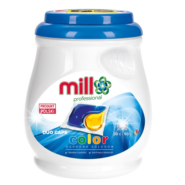 Kapsulki detergent rufe Mill Color duo caps, 50 bucati, protectie culori, curatare eficienta