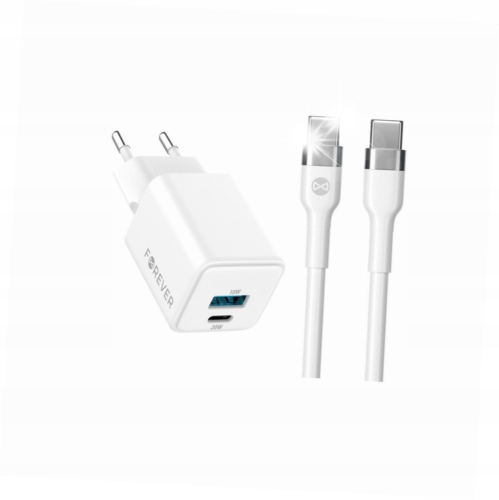 Incarcator rapid GaN 20W cu cablu 2m, 2 iesiri, alb, pentru tablete