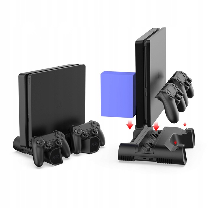 Suport racire 3 in 1 pentru PlayStation 4, cu 2 ventilatoare, 2 statii de incarcare pentru controllere si suport pentru 12 jocuri, negru, 25x20,5x6cm