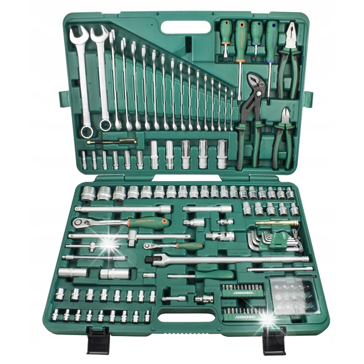 Set de unelte manuale 142 piese Jonnesway, diverse dimensiuni, crom-vanadiu, cutie plastic