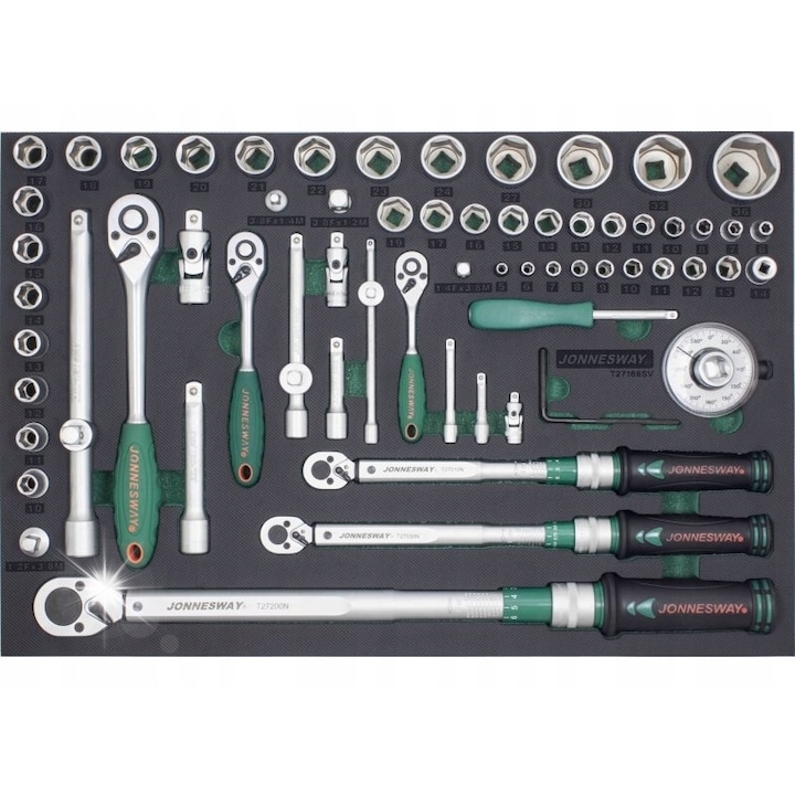 Set chei dinamometrice 2-200Nm Jonnesway 66 piese, 1/4", 3/8", 1/2", dimensiuni 570x380x55mm