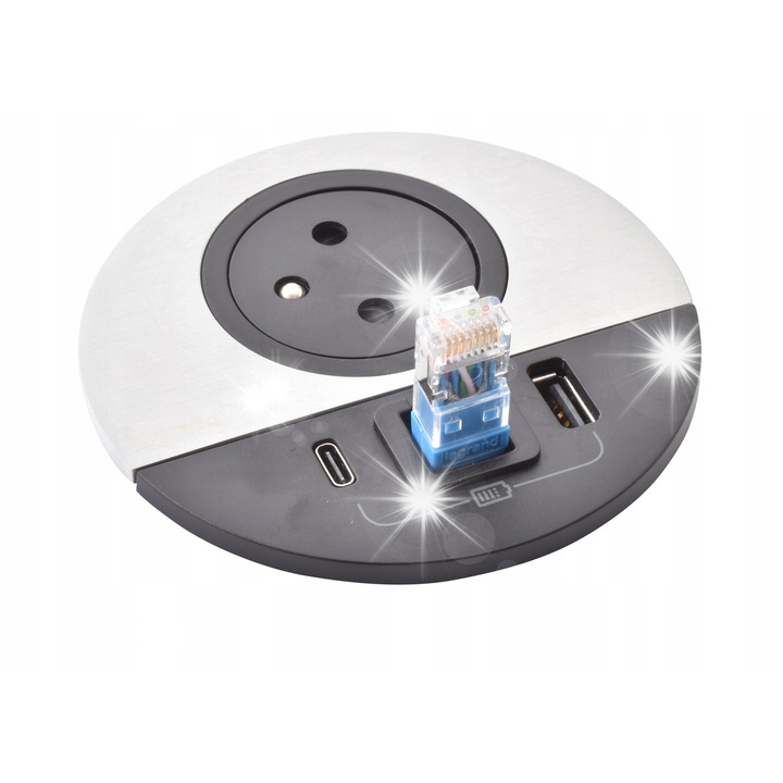 Контакт Legrand, с 2 USB, 1 изход RJ45, черен, кръгъл