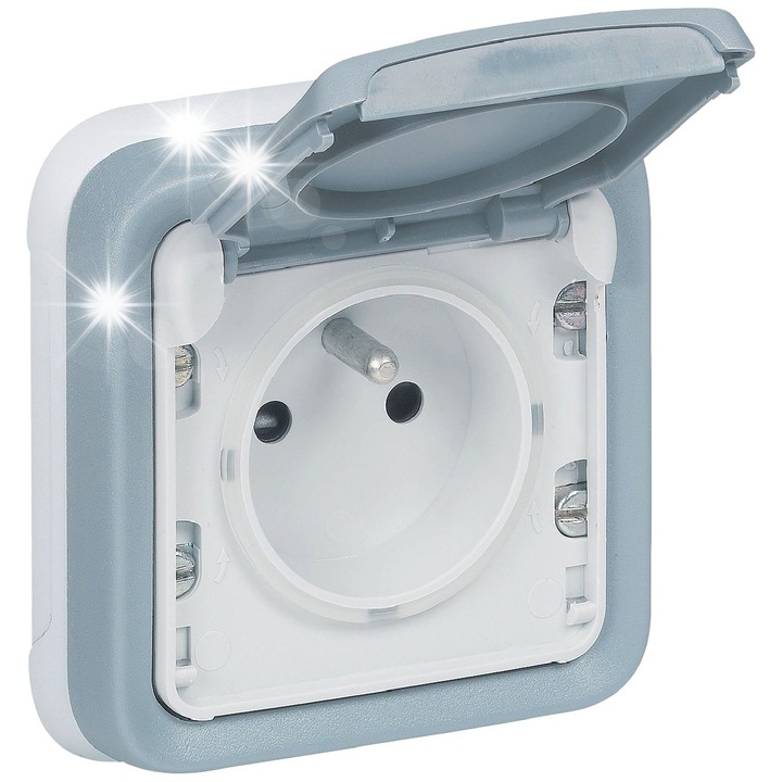 Тънък контакт Legrand PLEXO 2P+Z със защитен капак, сив, IP55, пълен комплект