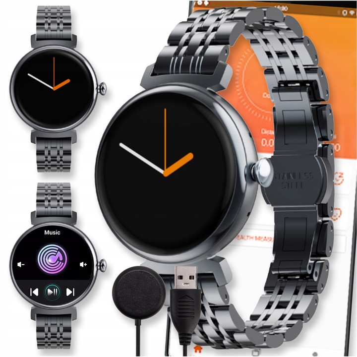 Smartwatch DIAWAY DM70, AMOLED, fekete, 1,04", szett rozsdamentes acél szíjjal