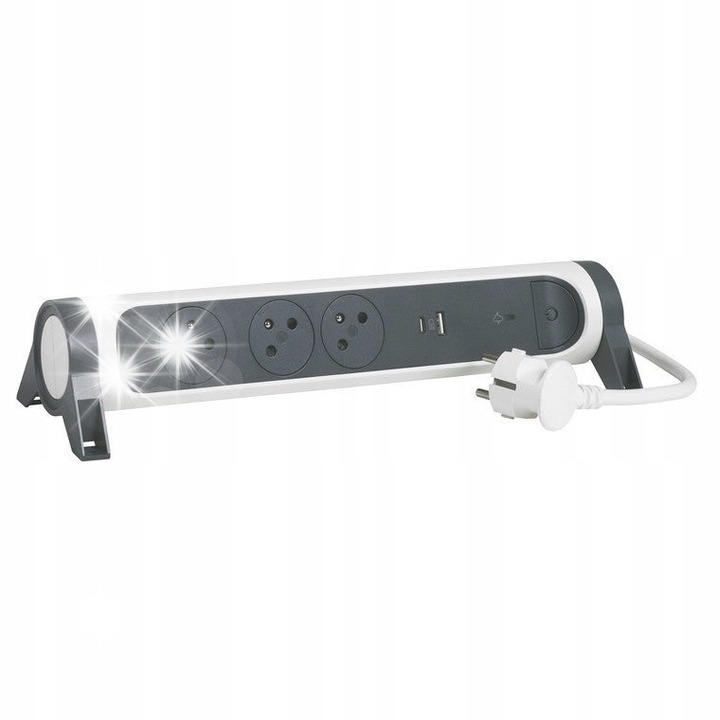 Разклонител Legrand Revolution с 3 контакта и USB, защита от пренапрежение, бял/черен, 12x7x39см