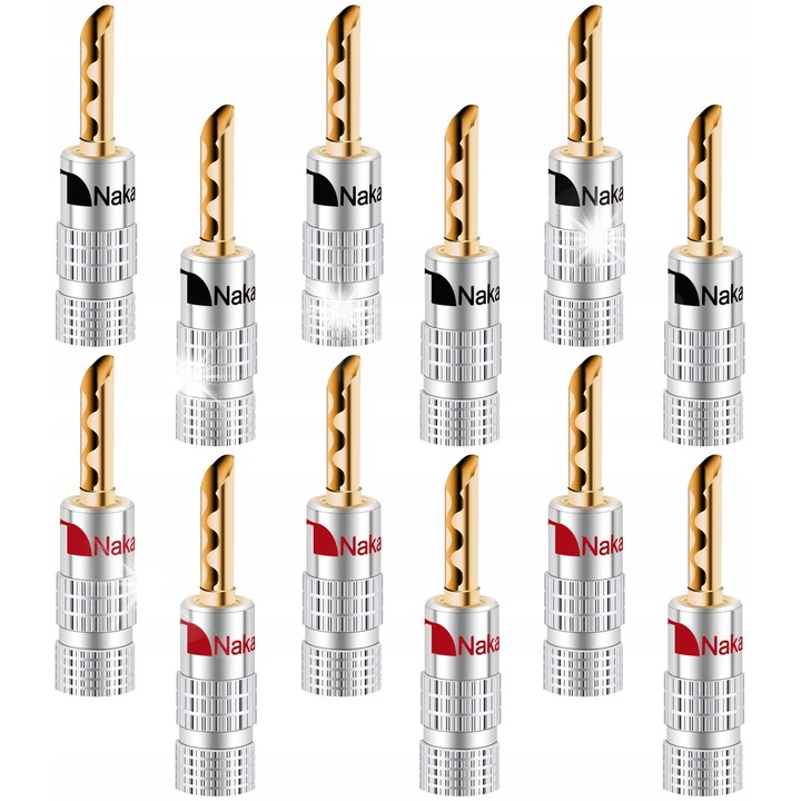 Nakamichi HQ Premium BFA banándugók, 12 db (6 piros, 6 fekete), rézötvözet csatlakozó, 24k aranyozott