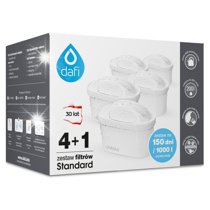 Set filtre Dafi Unimax standard, 5 bucati, alb, 200l/30 zile