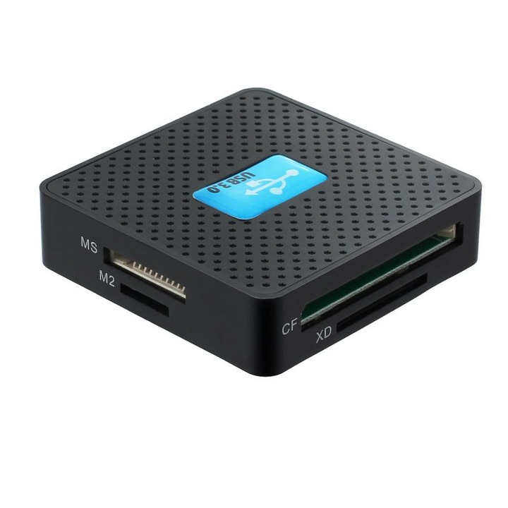 All in One USB 3.0 kártyaolvasó, támogatja a MicroSD, SD, CF, XD, M2, MS, MMC kártyákat, akár 5 Gbit/s sebesség, méretek 65x65x17mm, fekete szín