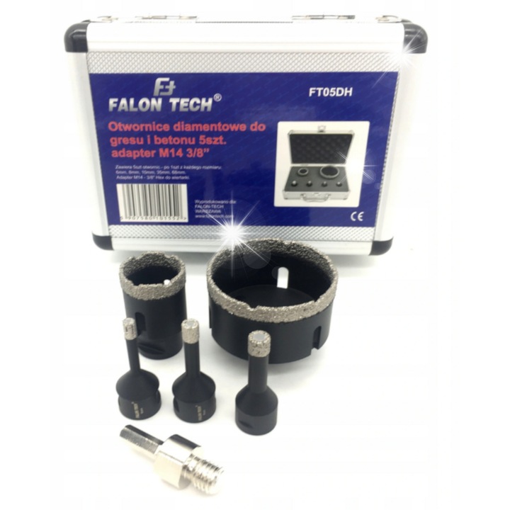 5 darabos gyémánt fúrókészlet csempéhez, Falon-Tech, 6-68mm, M14 adapterrel