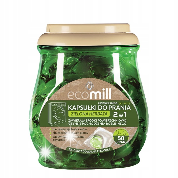 Kapsule de spalare 2in1 Ecomill, 50 buc, formula biodegradabila, verde, fara fosfati