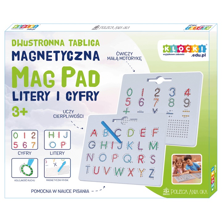 Tabla magnetica/planseta magnetica MagPad Litere si cifre, dubla fata, cu stylus magnetic ergonomic 9,5 cm, 10 sabloane incluse, alb, 1 buc