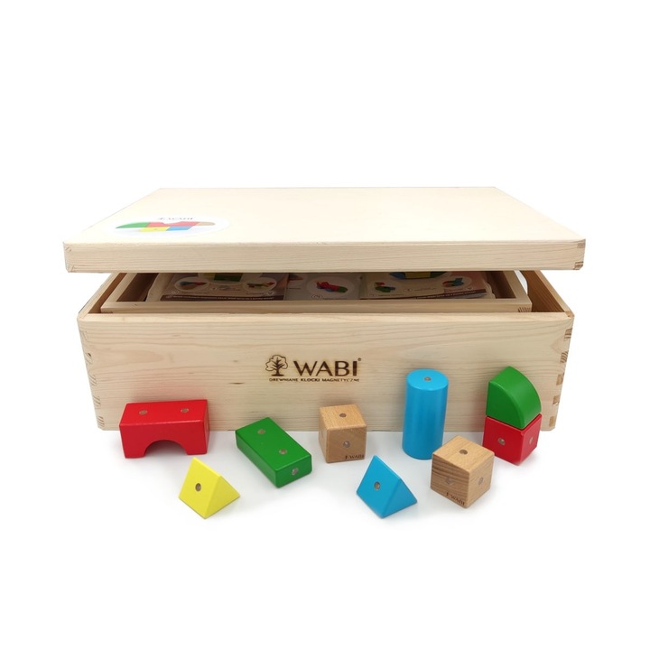 Set educational WABI cu tava magnetica, 120 blocuri din lemn, 5 culori, 3+