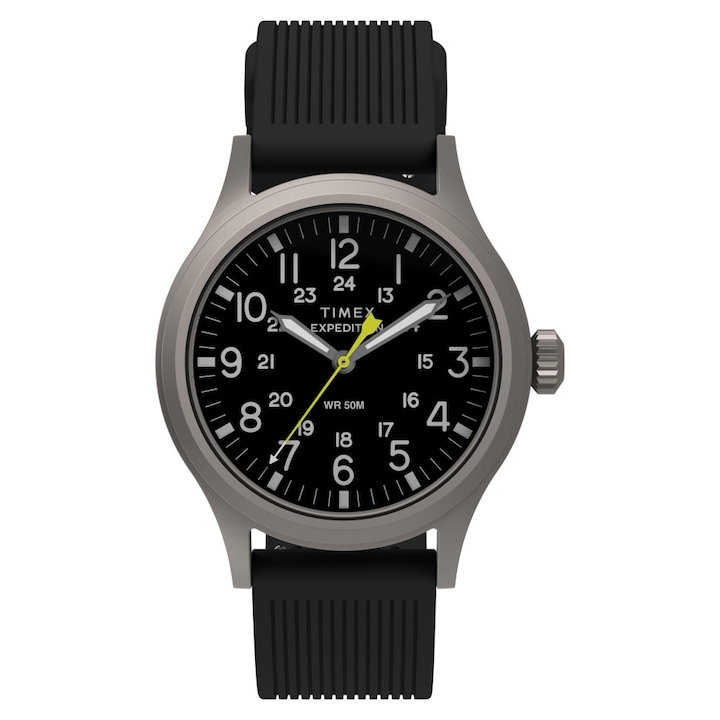 Ceas barbatesc Timex Expedition Scout 40mm, negru, curea neagra, carcasa argintie, mecanism quartz, rezistent la apa 50m