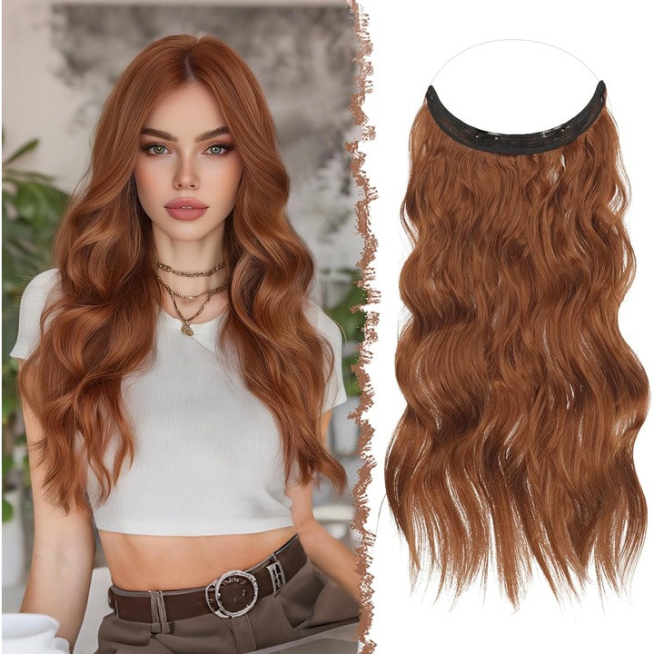 Extensie par FESHFEN, banda invizibila, fir transparent, 2 clipsuri, lungime 50 cm, Par sintetic, Roscat cupru
