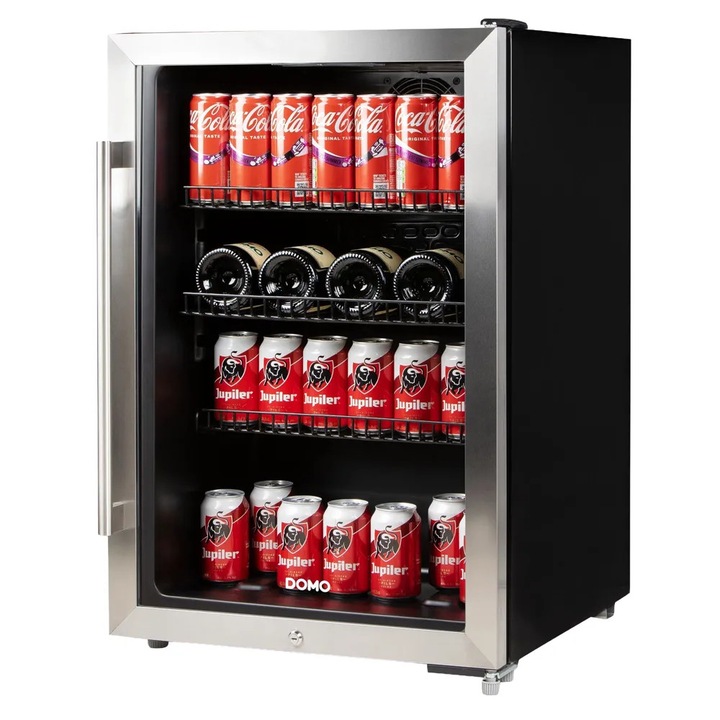 Vitrina frigorifica DOMO, capacitate 118 litri, H 84 cm, ideala pentru zone receptie/bar/cafenea, temperatura reglabila (0-12 °C), 3 rafturi ajustabile din metal, incuietoare integrata, usa din sticla, deschidere pe dreapta, cadru otel inxodidabil, inox
