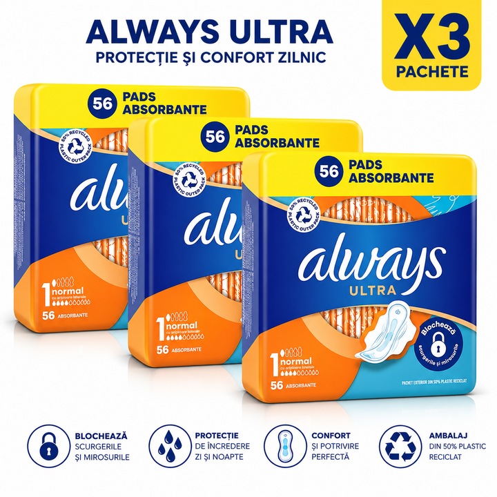 Икономичен пакет: Комплект 3 x Always Ultra Normal превръзки, размер 1, 168 броя
