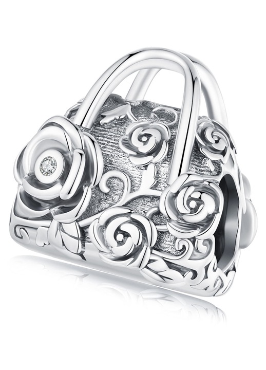 Charm vintage táska virágokkal, SilverBeads, 11x12mm, 925 ezüst, 2,30g