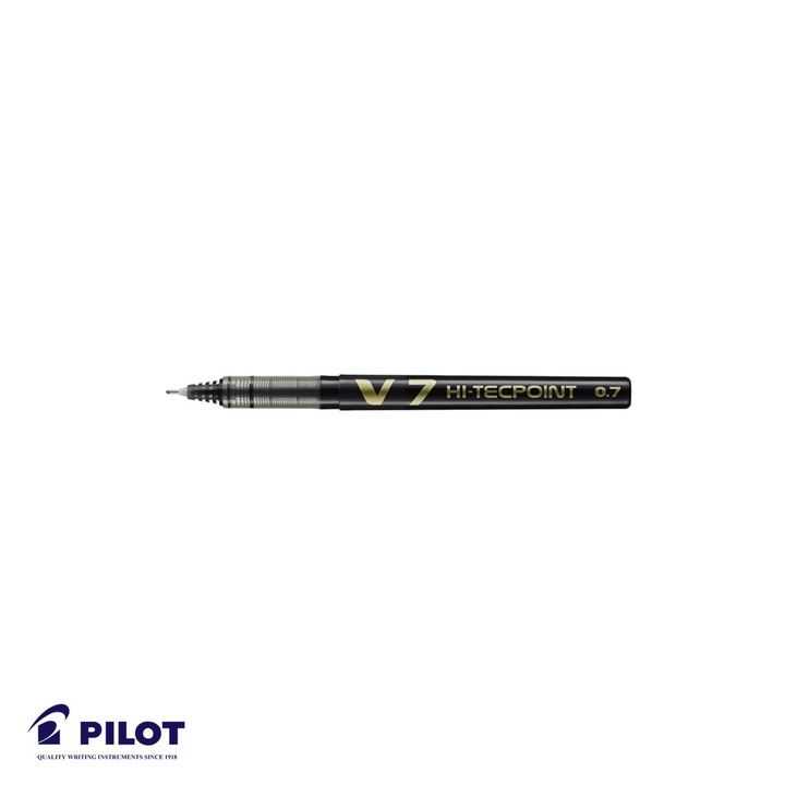 Roller Pilot Hi-Tecpoint V7, varf 0.7mm, cerneala lichida neagra, pentru scriere precisa si confortabila