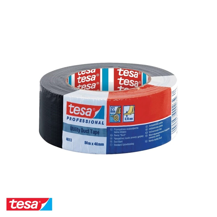 Banda adeziva duct tape neagra Tesa 4613, rezistenta la apa, uz industrial, 50m x 48mm