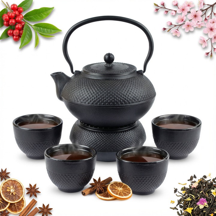 Set ceainic fonta 1,5L, 4 cesti fonta 100ml, suport pentru lumanari, negru