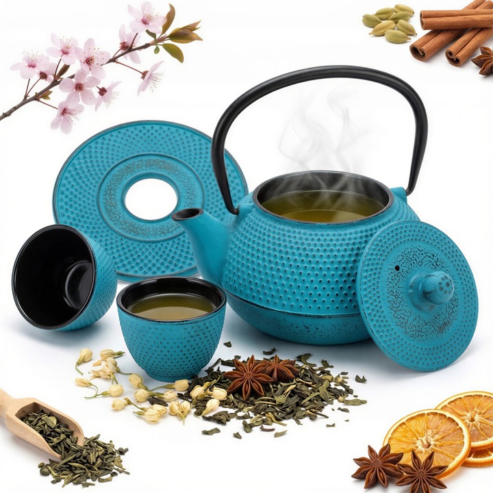 Set ceainic fonta 1,5L, 2x cesti fonta, suport fonta, infuzor din otel inoxidabil, turcoaz