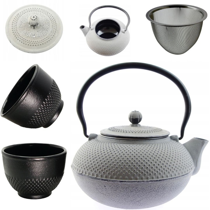 Set ceainic fonta 1.5L cu 2x cesti fonta si sita, gri