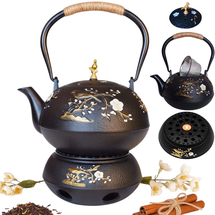 Ceainic din fonta 1L cu infuzor si suport, negru, design elegant