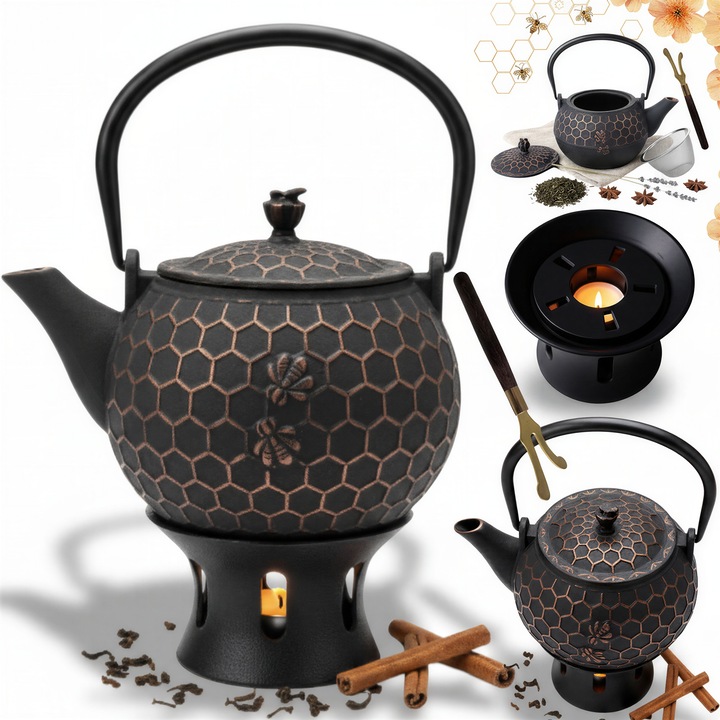 Set Elegant de Preparare a Ceaiului cu Ceainic din Fonta, Sklep sokomedica 1,8L, Suport de Incalzire, Furculita, Negru cu Accente de Cupru