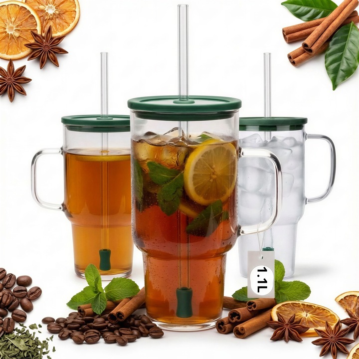 Cana termica Big 1,1L, Sklep sokomedica, transparenta, cu capac si pai
