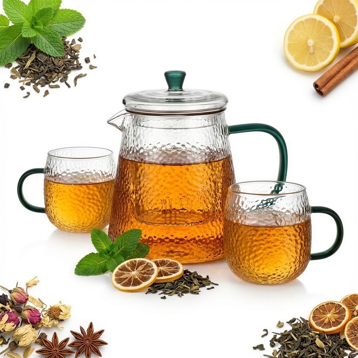 Ceainic din sticla 1L cu infuzor + 2 cesti cu maner verde, set 3 piese, sticla borosilicata