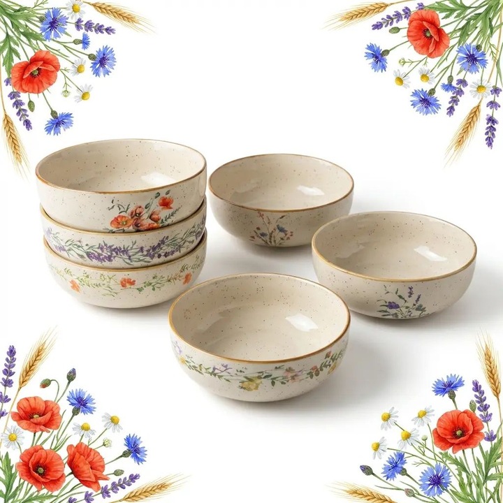 Set 6 boluri ceramice 500ml, Belle Line, flori de camp, 16cm
