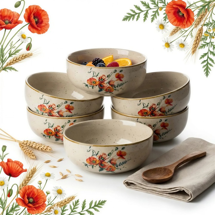 Set 6 boluri ceramice Belle Line, 500ml, cu model flori mac, bej, 16cm