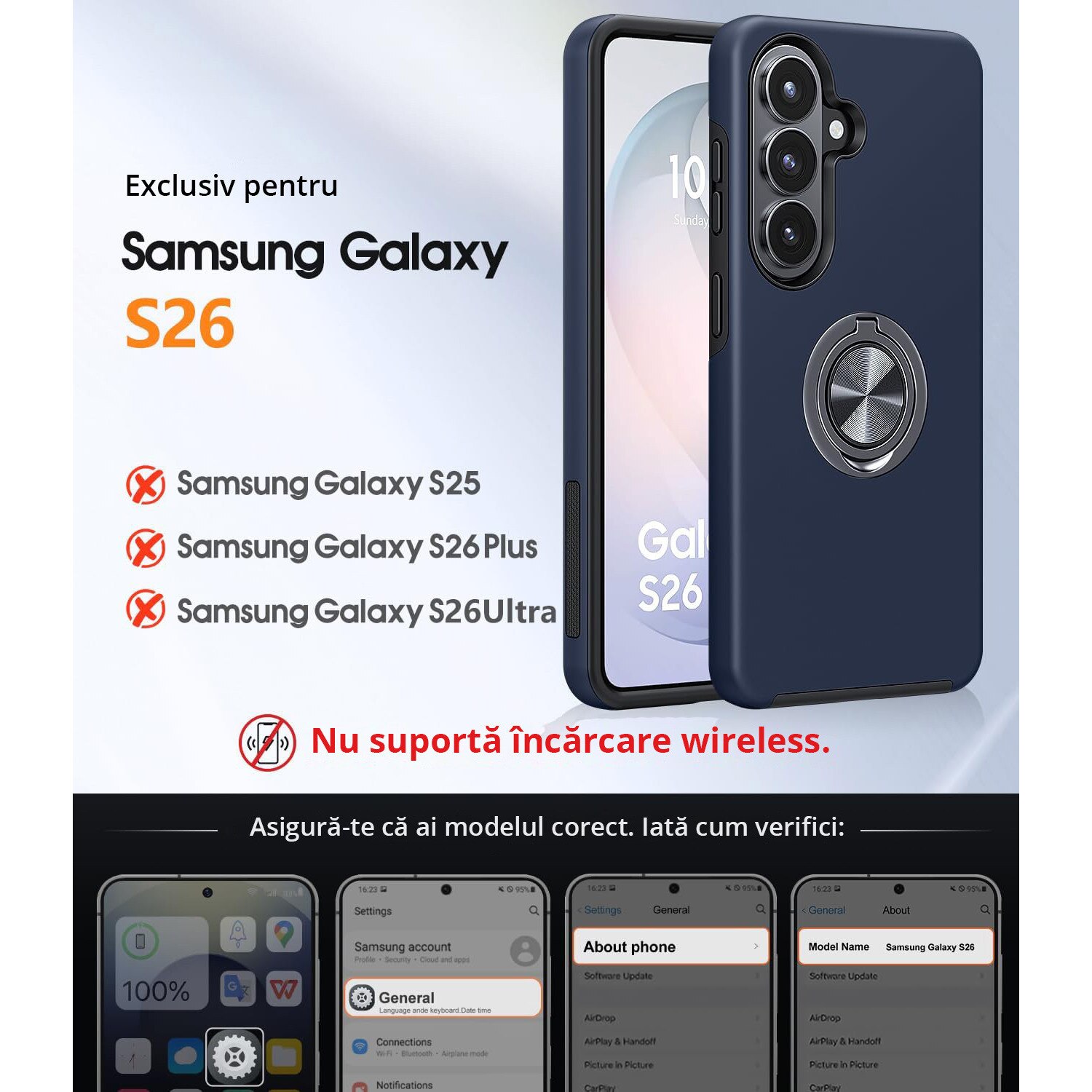 Husa MobileSmart pentru Samsung Galaxy S26, Inel Rotativ 360°, Suport Auto Magnetic, Protectie Camera, Antisoc, Bleumarin