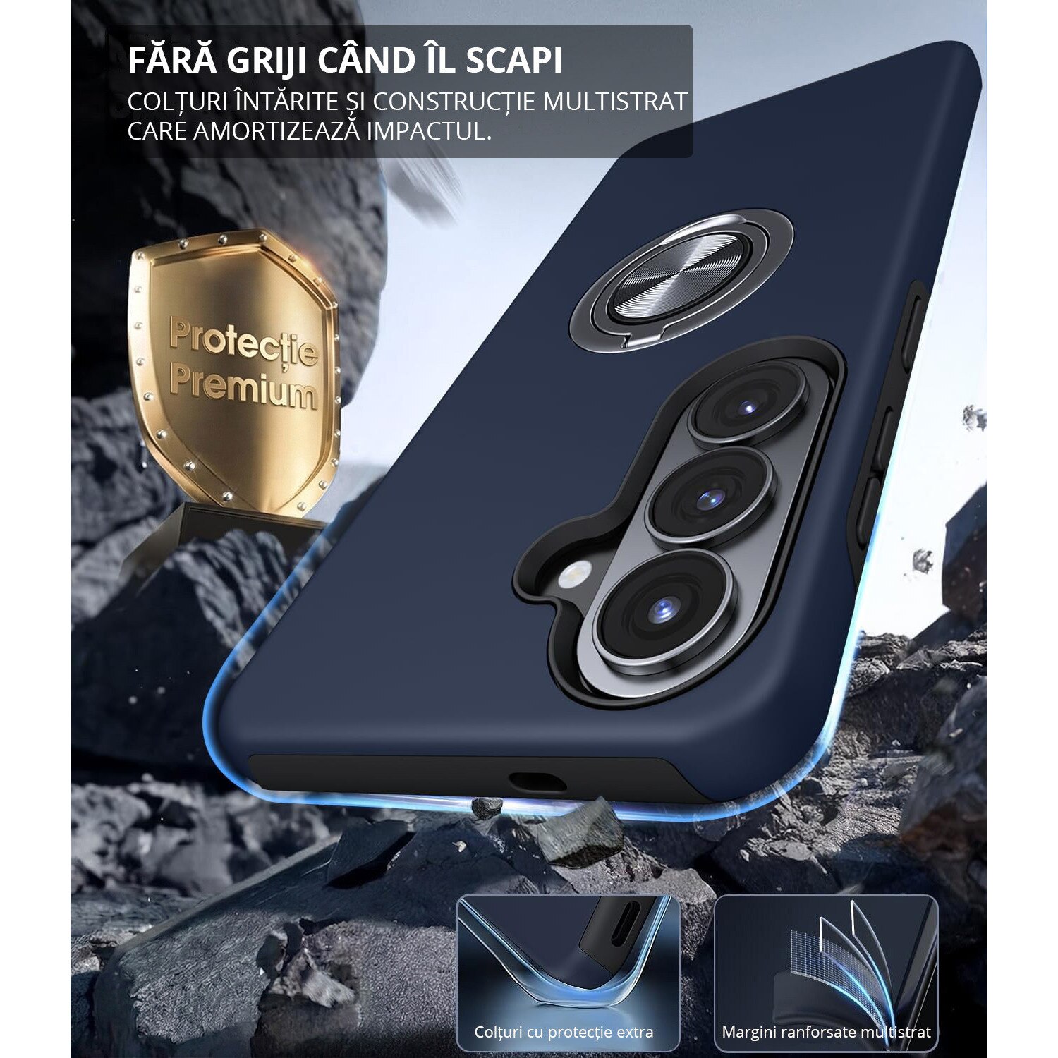 Husa MobileSmart pentru Samsung Galaxy S26, Inel Rotativ 360°, Suport Auto Magnetic, Protectie Camera, Antisoc, Bleumarin